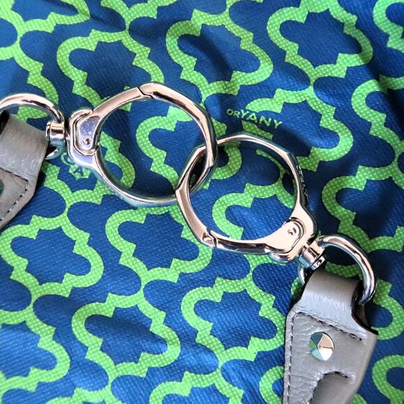 OrYany Leather Cotton Hand Bag Purse Silver Tone Hardware Green Pattern Lining - Picture 6 of 15